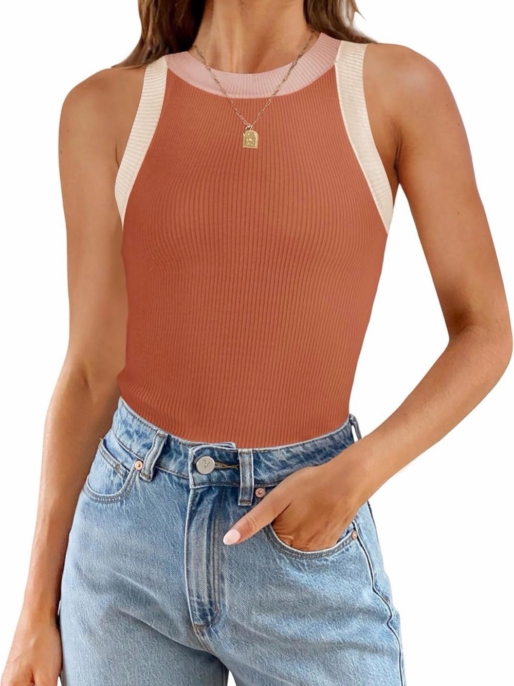 Zesica High Neck Racerback Color Block Ribbed Tank Top NWT